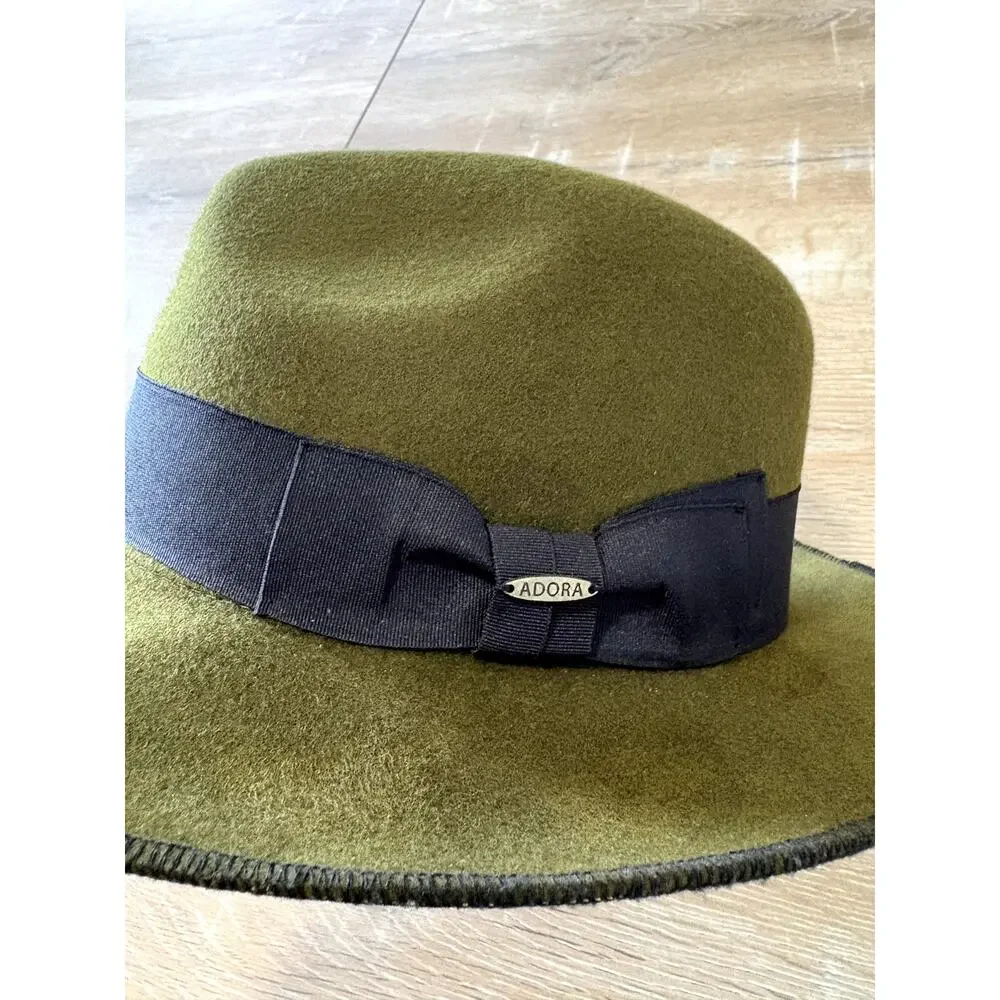 Adora Olive Green Wool Felt Fedora Hat with Black Grosgrain Ribbon Band